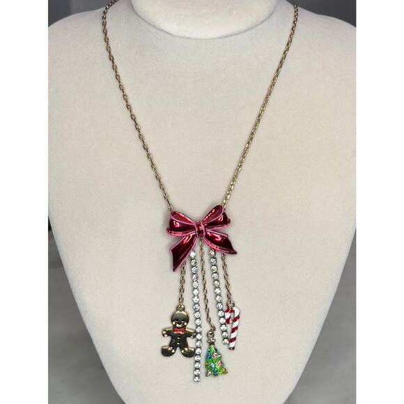 Betsey Johnson Holiday Charm Necklace Rhinestones Dangle Bow Christmas Festive - Picture 1 of 8